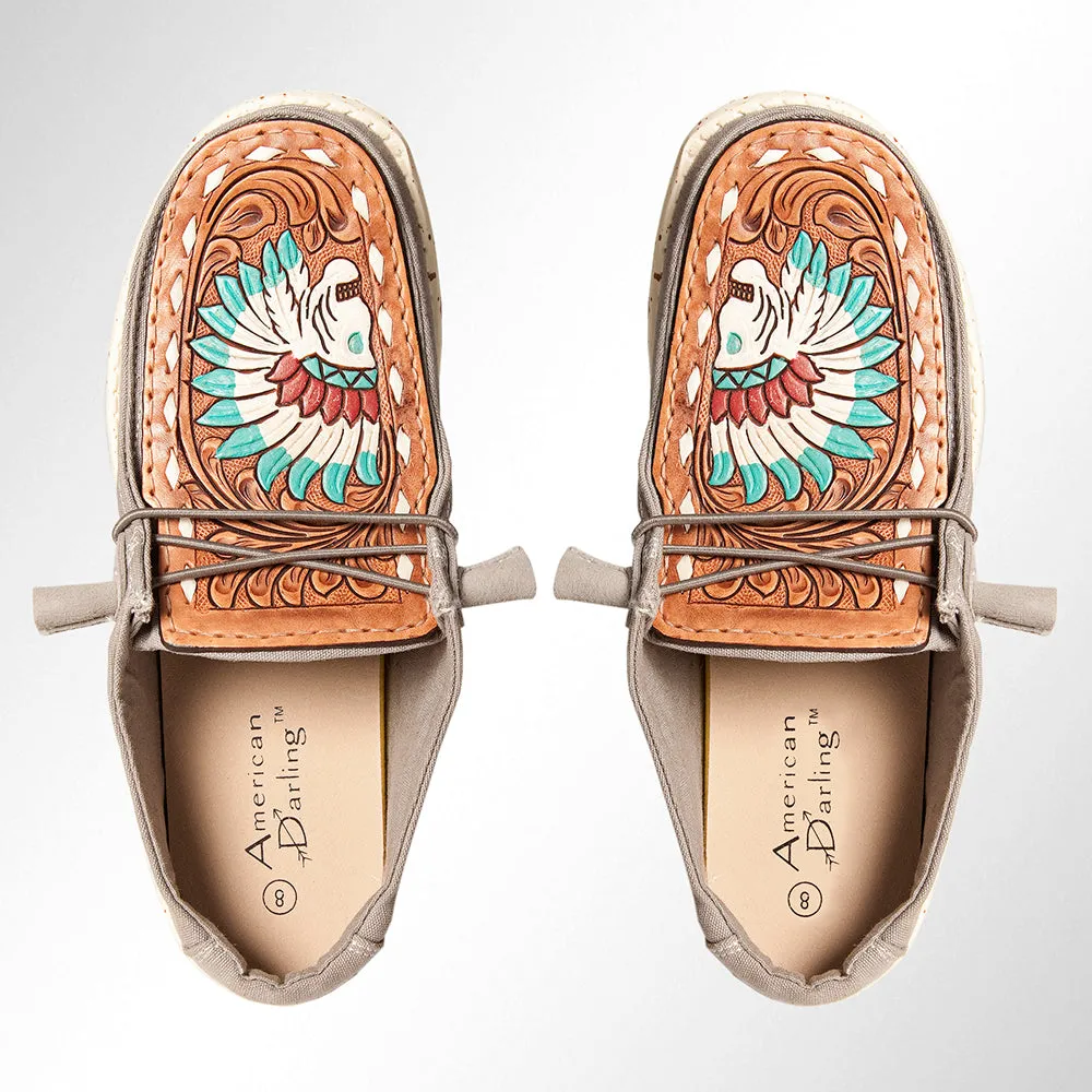 American Darling ADFT133GR1 Hand tooled carved genuine leather trim lightweight shoe footwear slip on