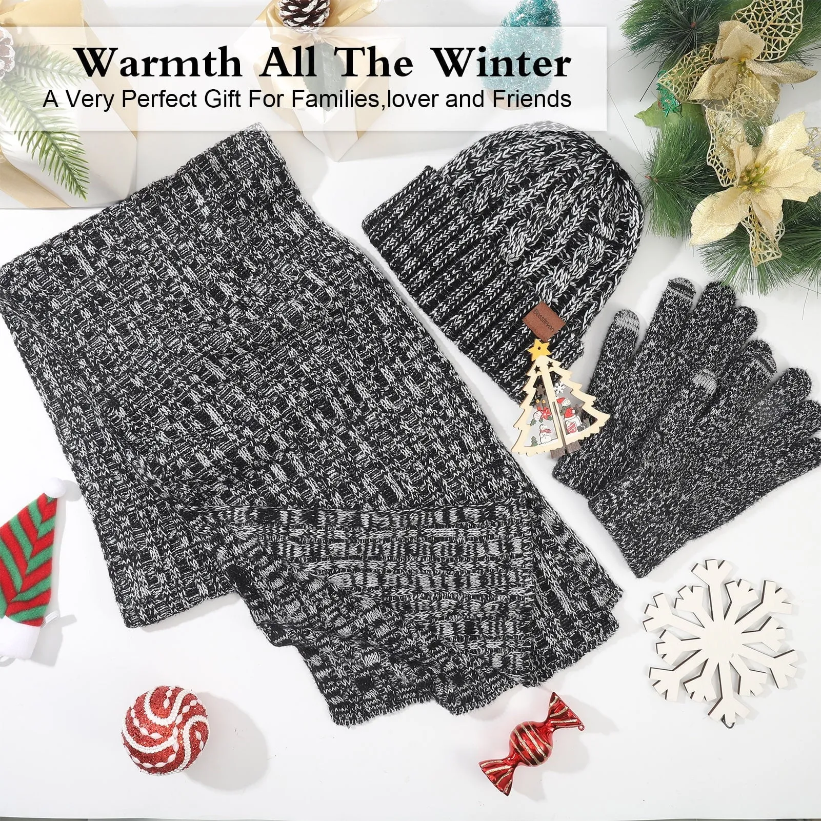 AOWOO 3 in 1 Winter Beanie Hat Scarf Gloves Set for Men Women, Soft Fleece Knit Hat Warm Touchscreen Gloves Long Neck Scarf, Mens Beanie Long Scarf Fleece Lined Skull Caps Gifts for Cold Weather