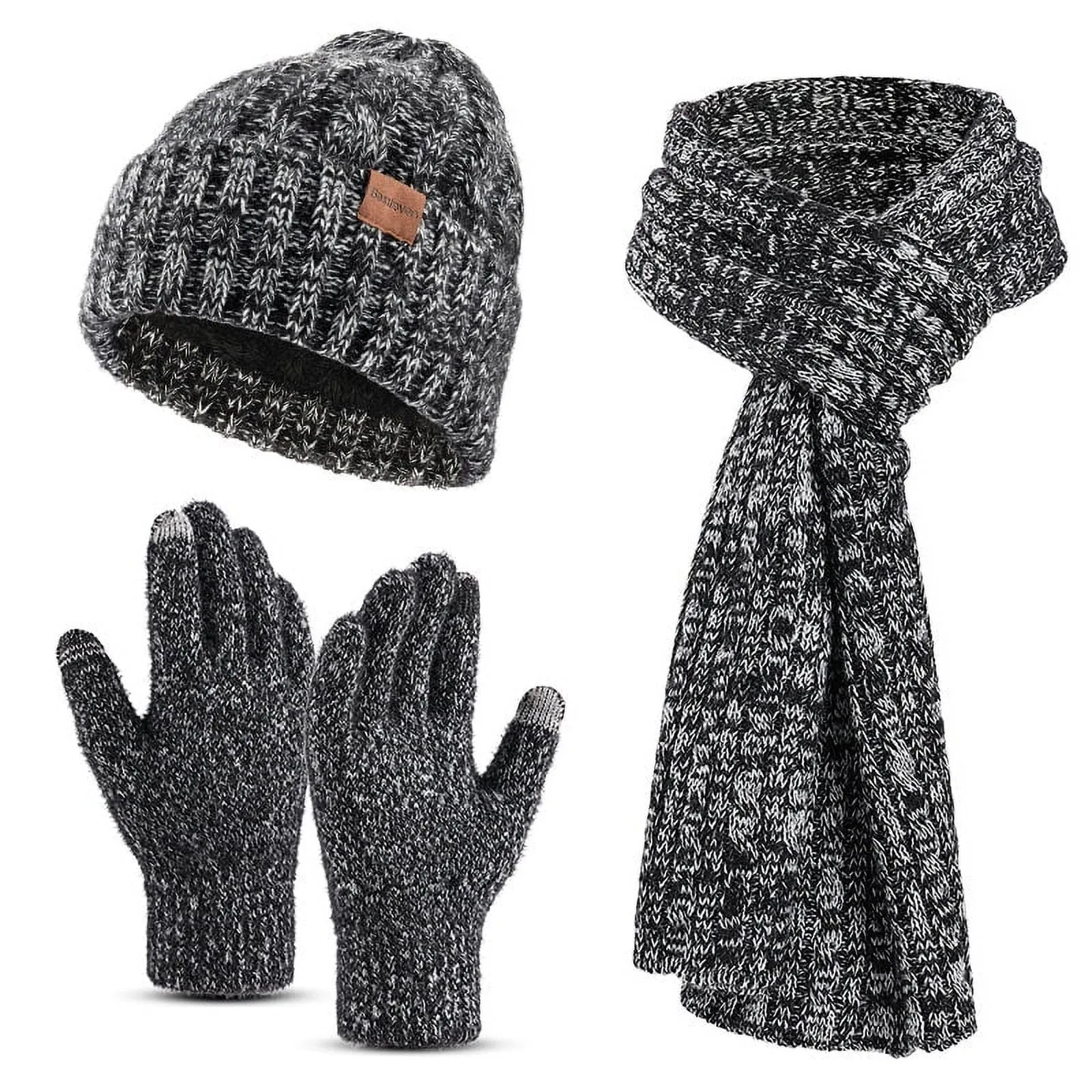 AOWOO 3 in 1 Winter Beanie Hat Scarf Gloves Set for Men Women, Soft Fleece Knit Hat Warm Touchscreen Gloves Long Neck Scarf, Mens Beanie Long Scarf Fleece Lined Skull Caps Gifts for Cold Weather