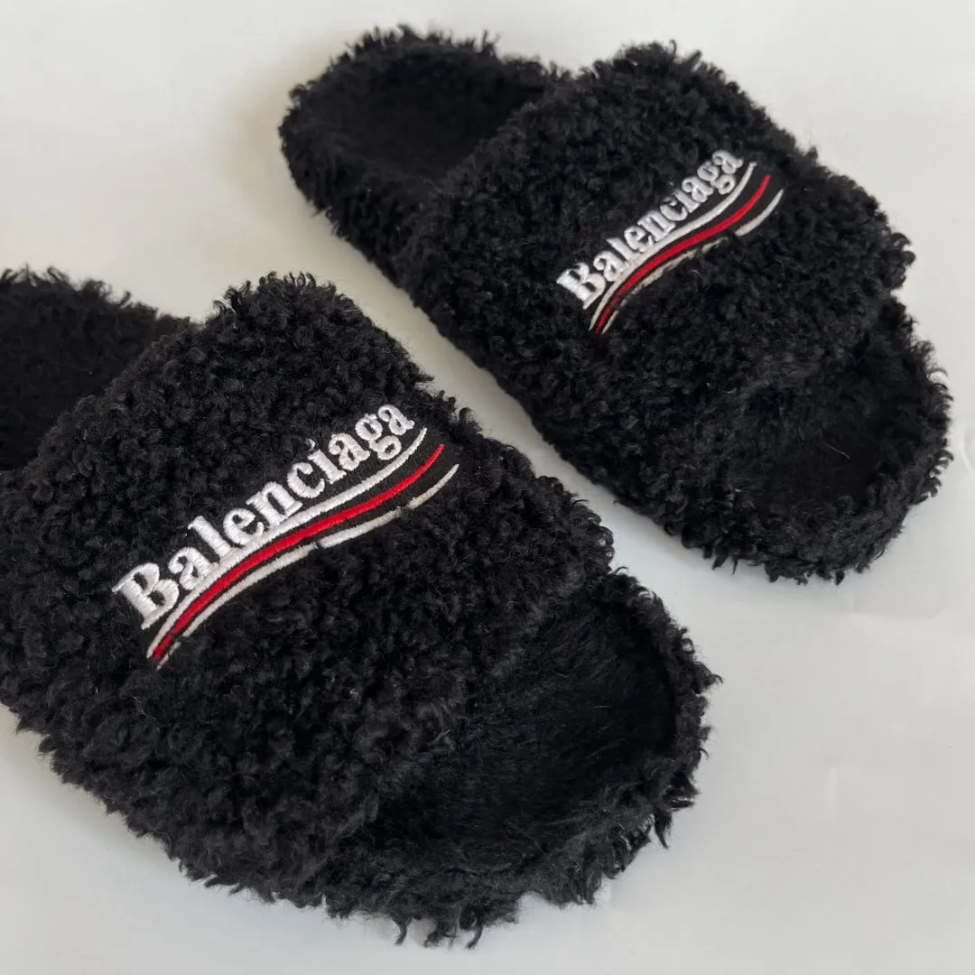 Balenciaga Furry logo-embroidered faux shearling slides, 39