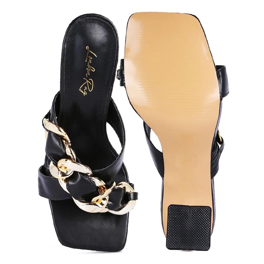 Black Clear Heel Chain Detail Sandals