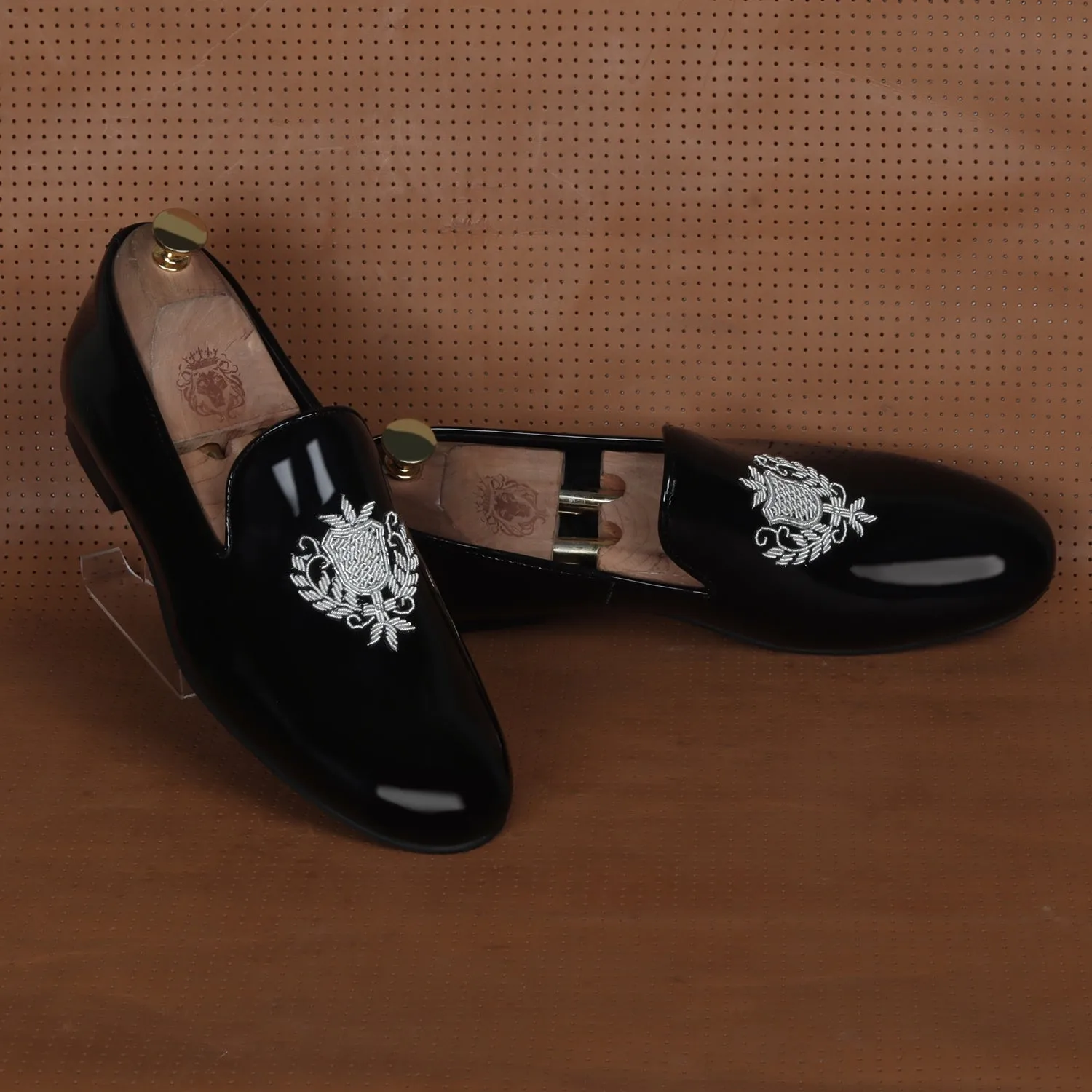 Black Patent Leather Slip-On Shoes Royal Crest Silver Zardosi For Men By Brune & Bareskin