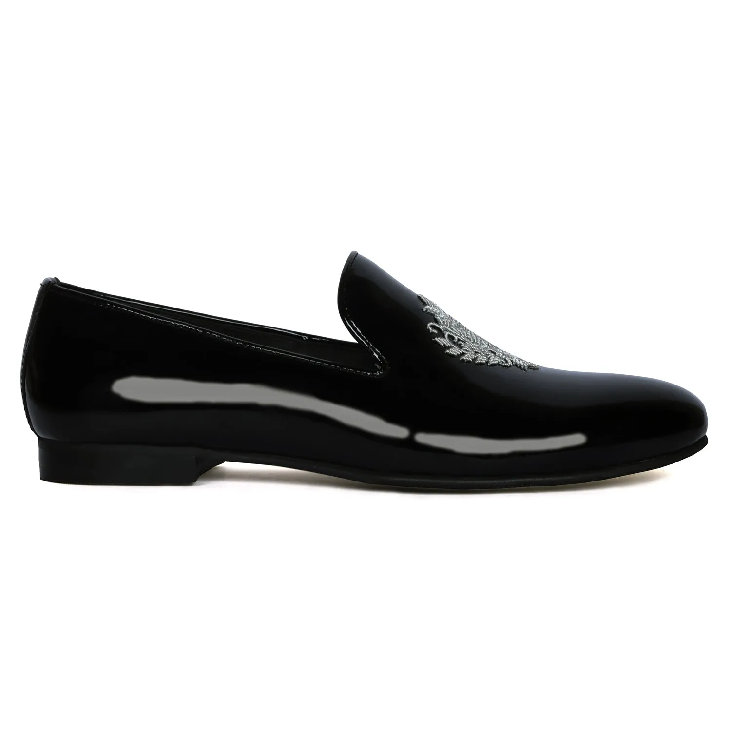 Black Patent Leather Slip-On Shoes Royal Crest Silver Zardosi For Men By Brune & Bareskin