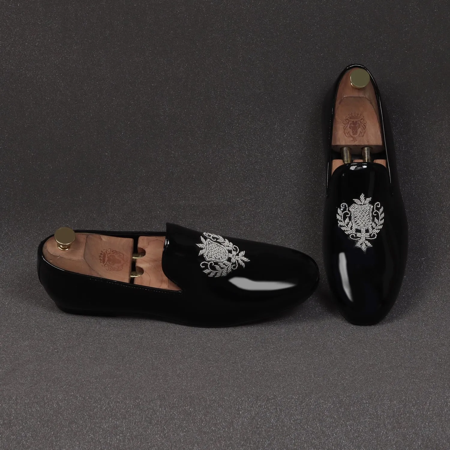 Black Patent Leather Slip-On Shoes Royal Crest Silver Zardosi For Men By Brune & Bareskin