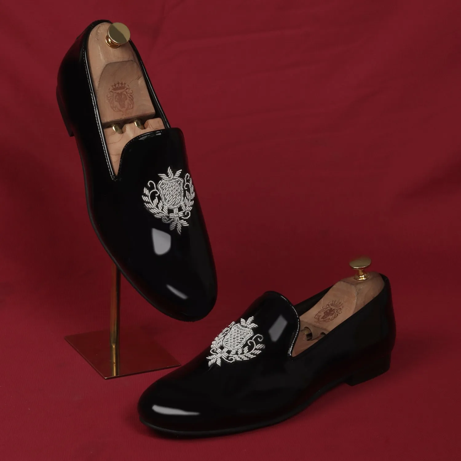 Black Patent Leather Slip-On Shoes Royal Crest Silver Zardosi For Men By Brune & Bareskin