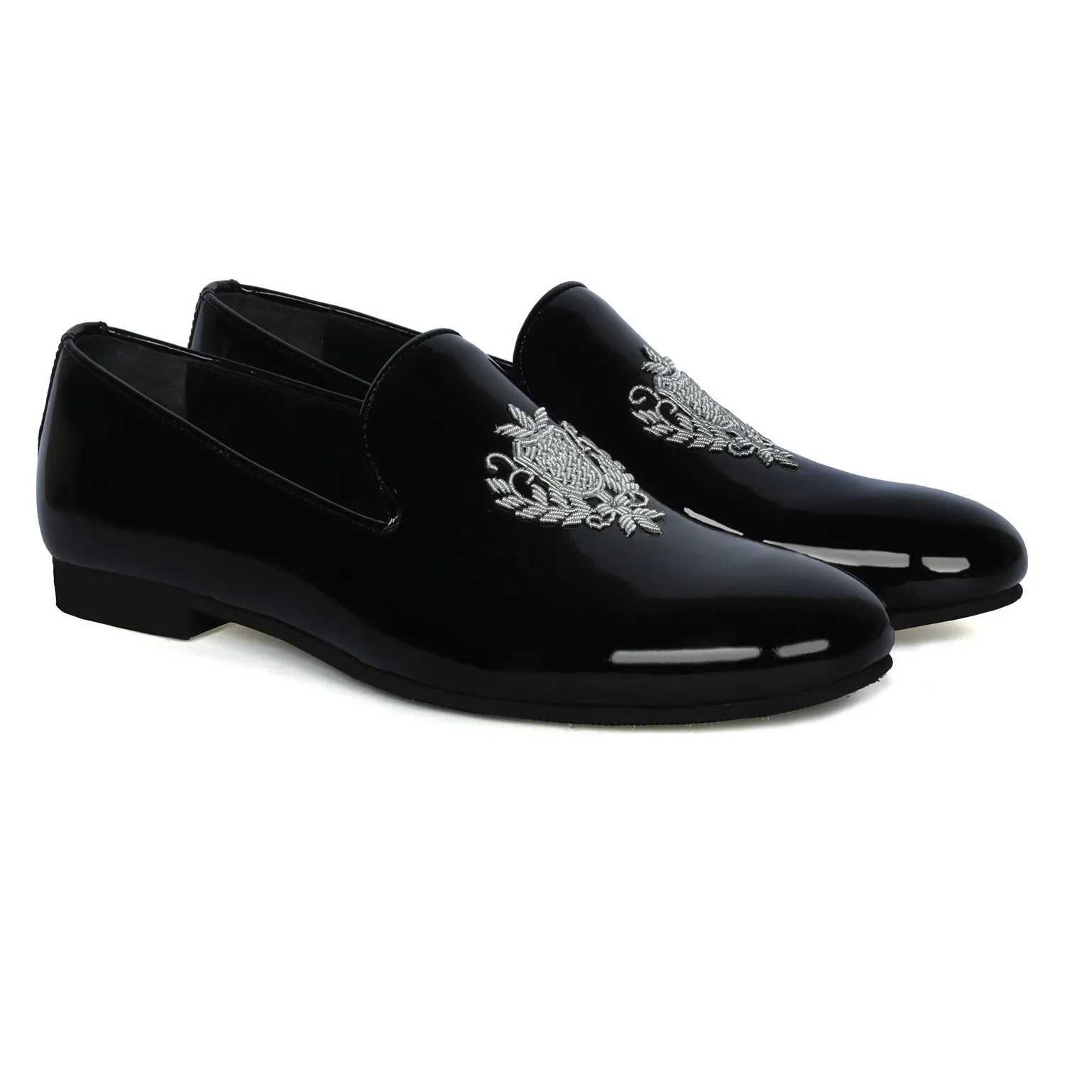 Black Patent Leather Slip-On Shoes Royal Crest Silver Zardosi For Men By Brune & Bareskin