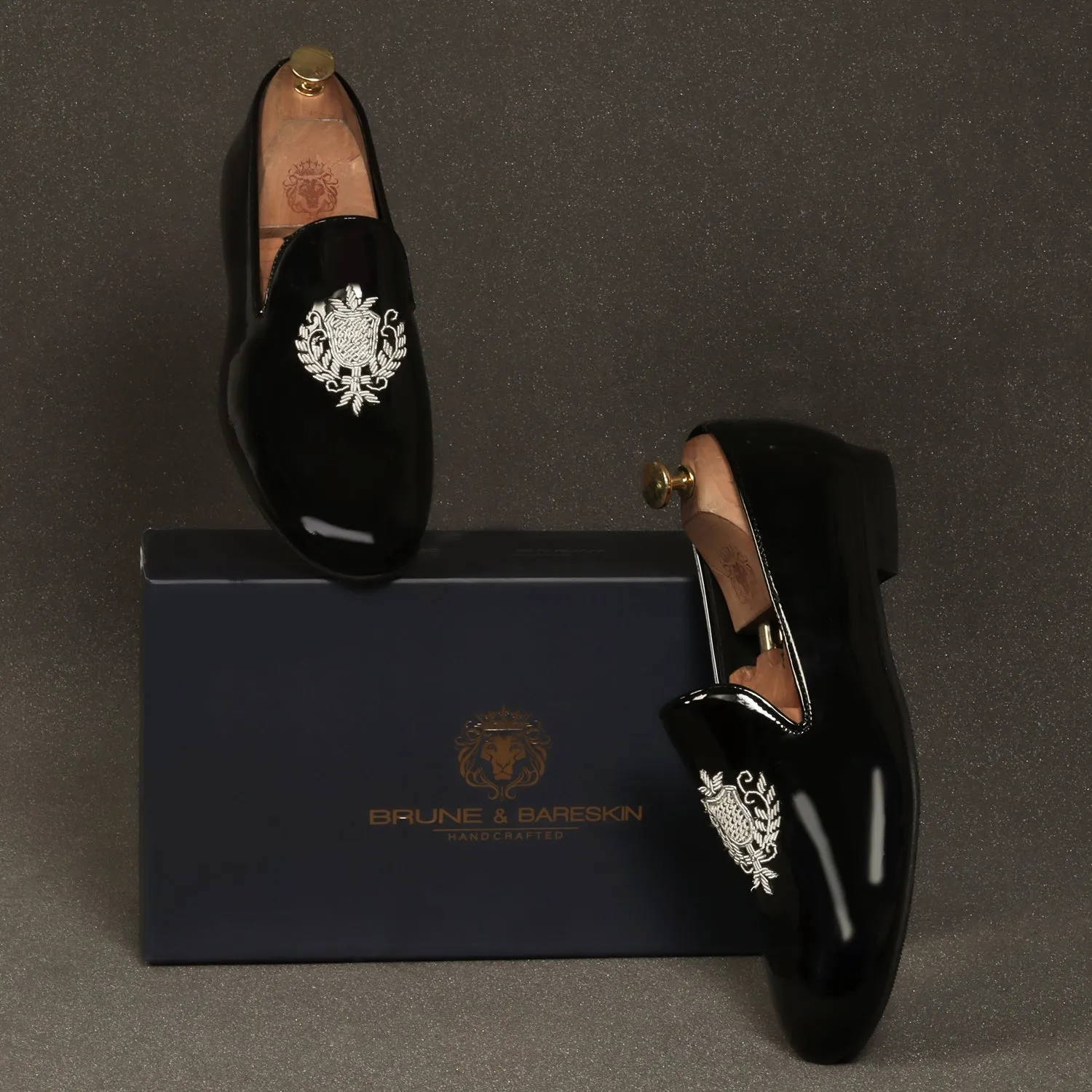 Black Patent Leather Slip-On Shoes Royal Crest Silver Zardosi For Men By Brune & Bareskin