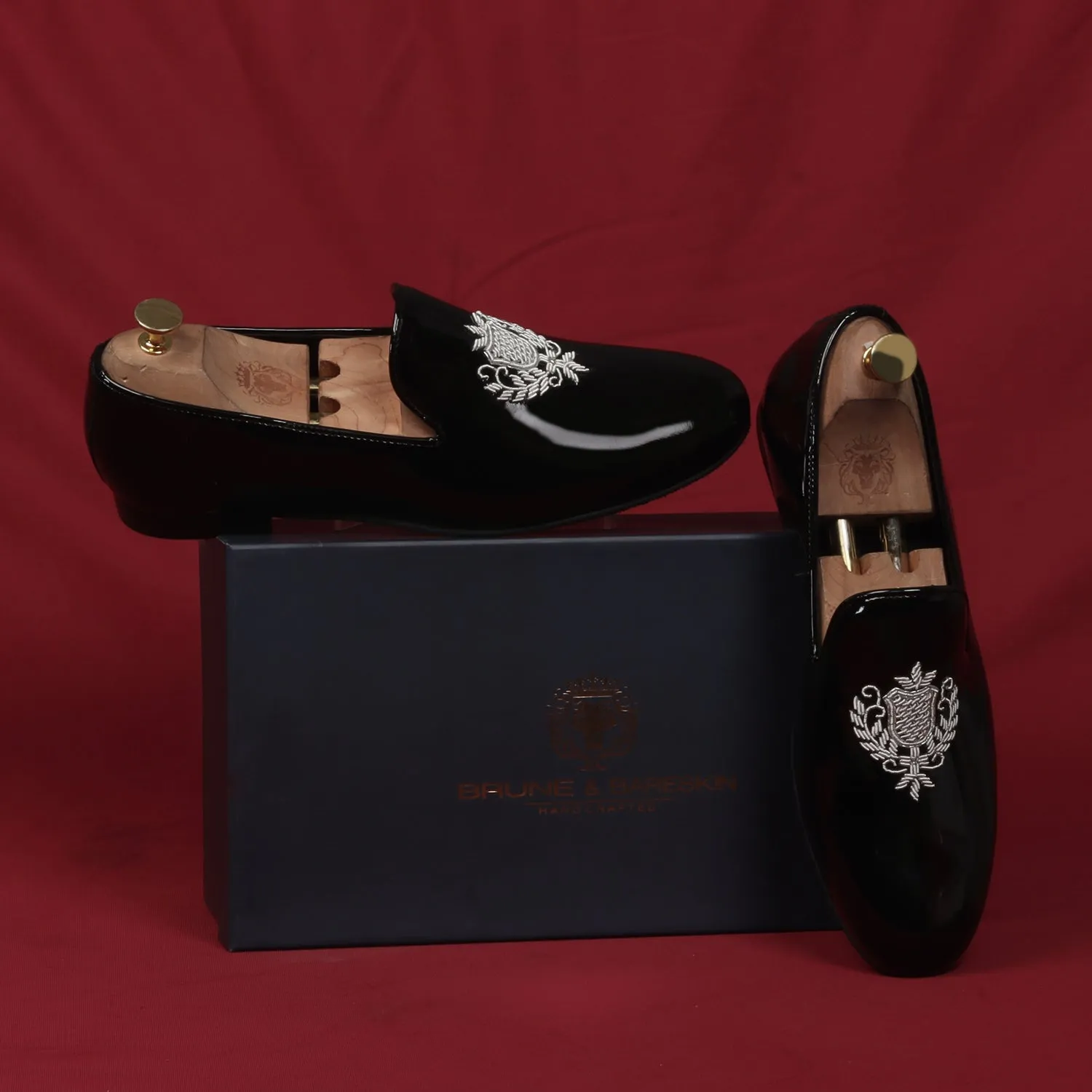 Black Patent Leather Slip-On Shoes Royal Crest Silver Zardosi For Men By Brune & Bareskin
