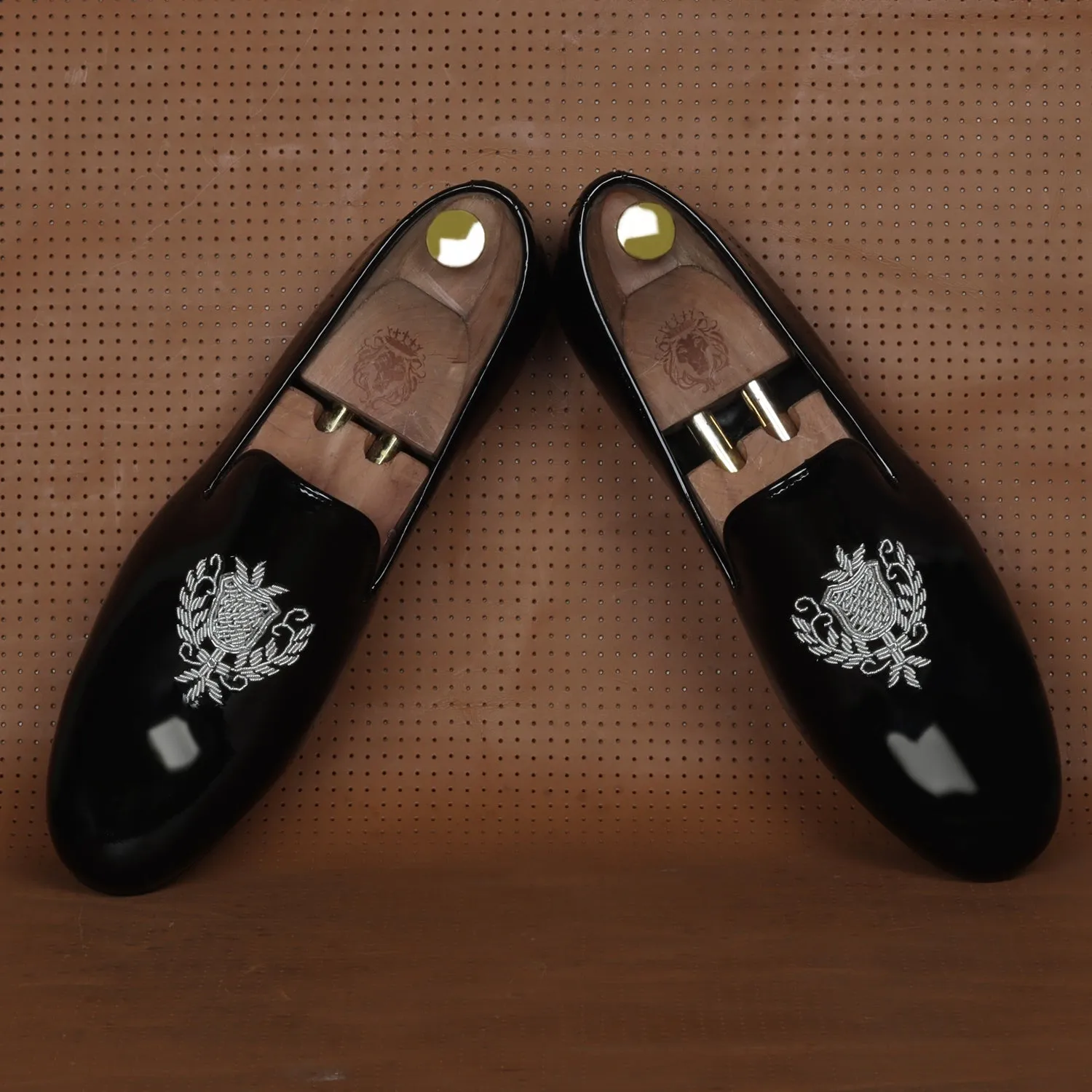 Black Patent Leather Slip-On Shoes Royal Crest Silver Zardosi For Men By Brune & Bareskin