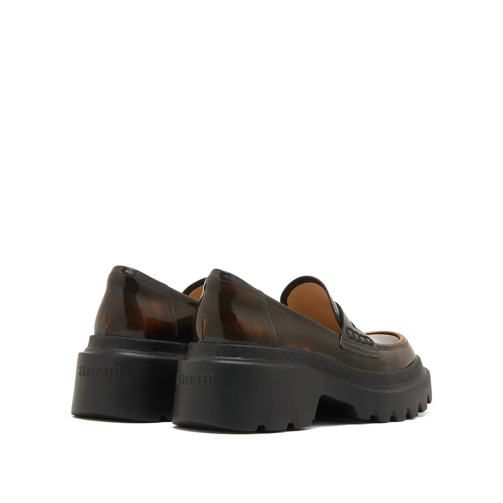 Brown Leather Platform Chunky Penny Loafers