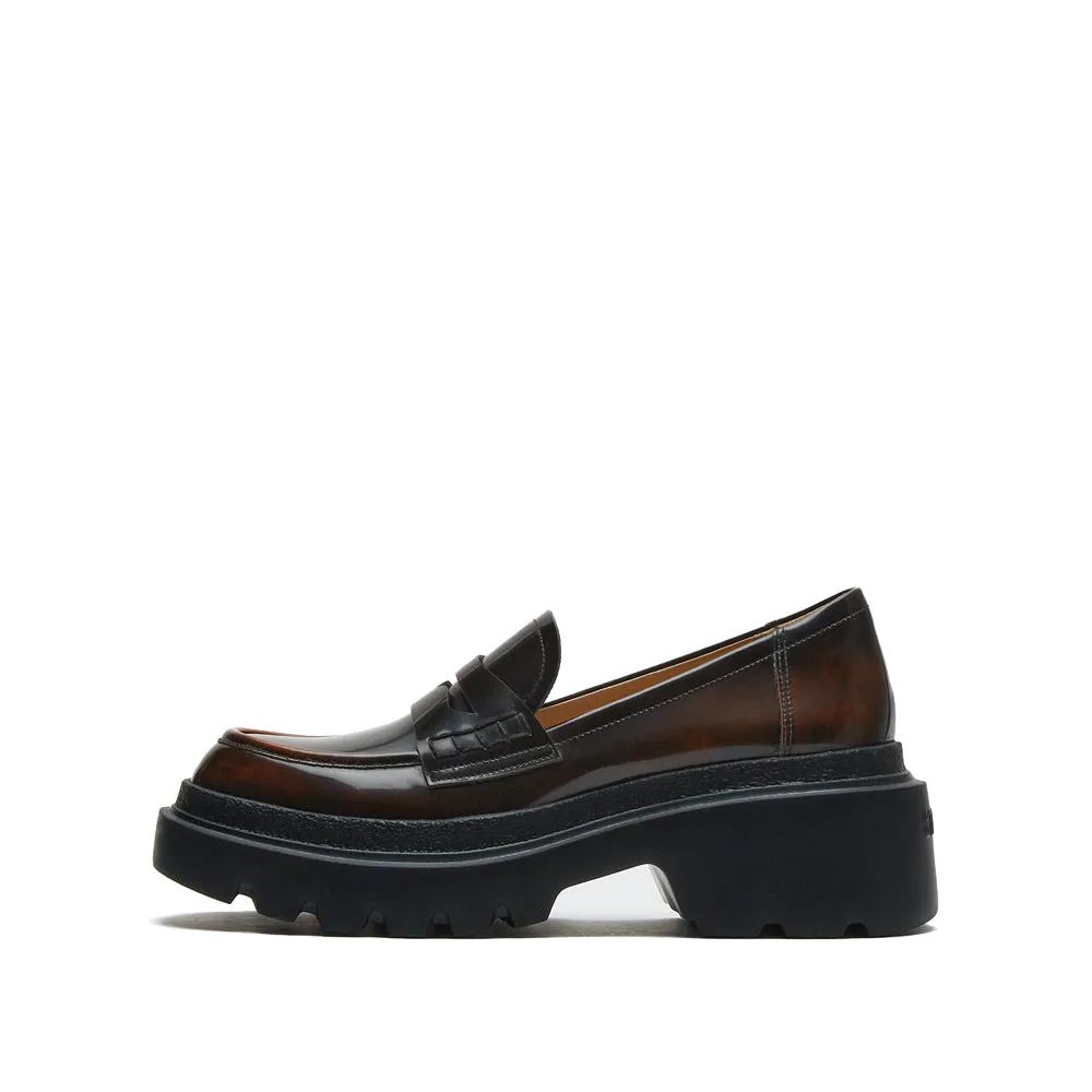 Brown Leather Platform Chunky Penny Loafers