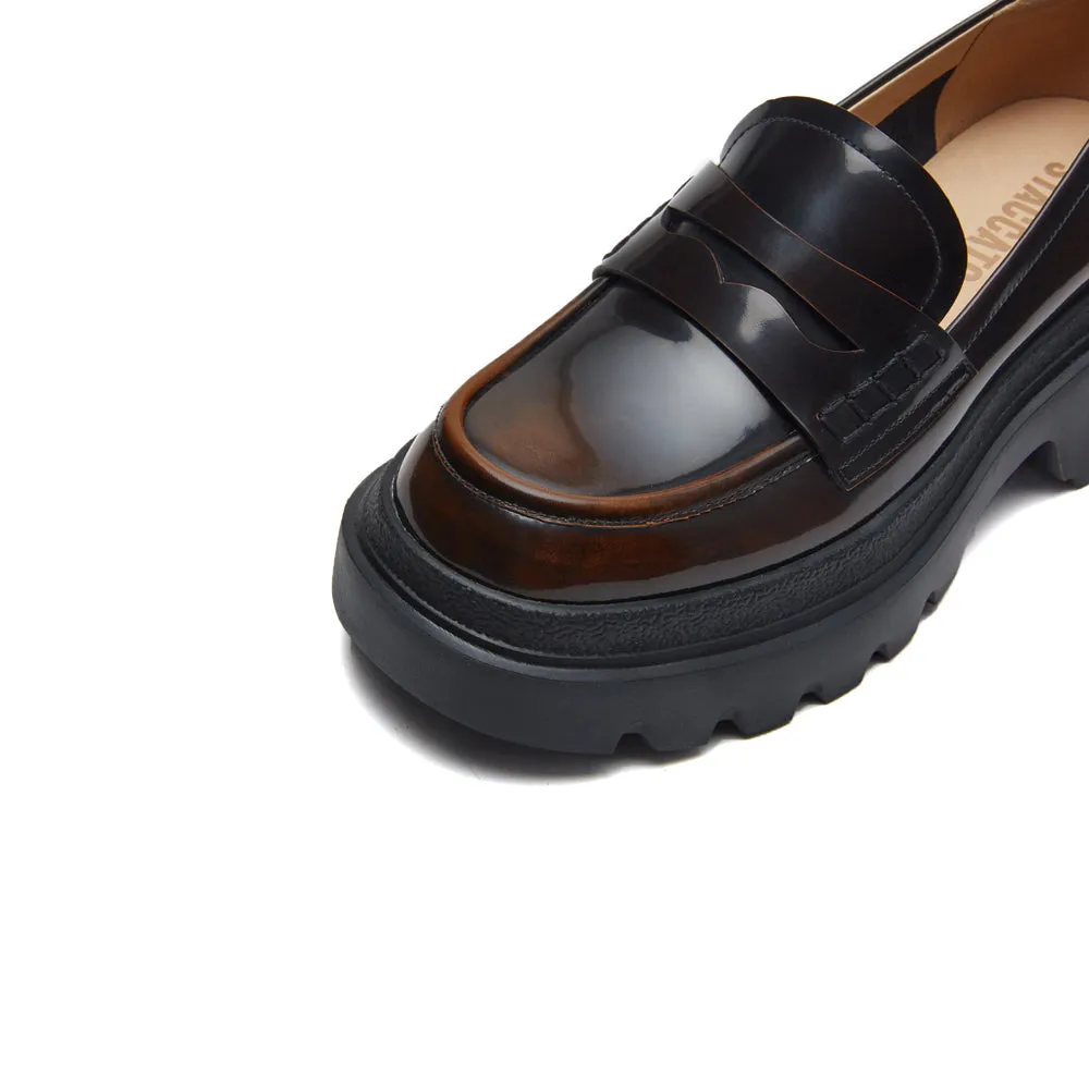 Brown Leather Platform Chunky Penny Loafers