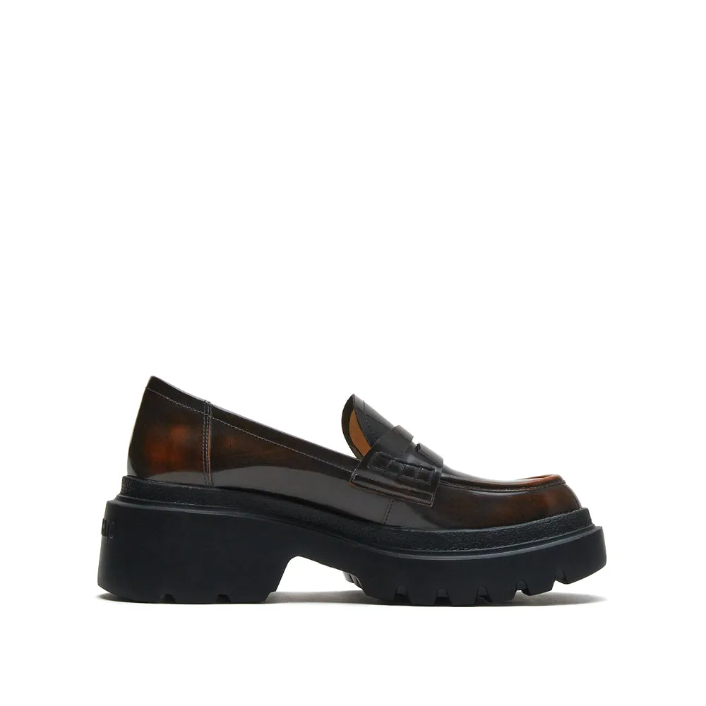 Brown Leather Platform Chunky Penny Loafers