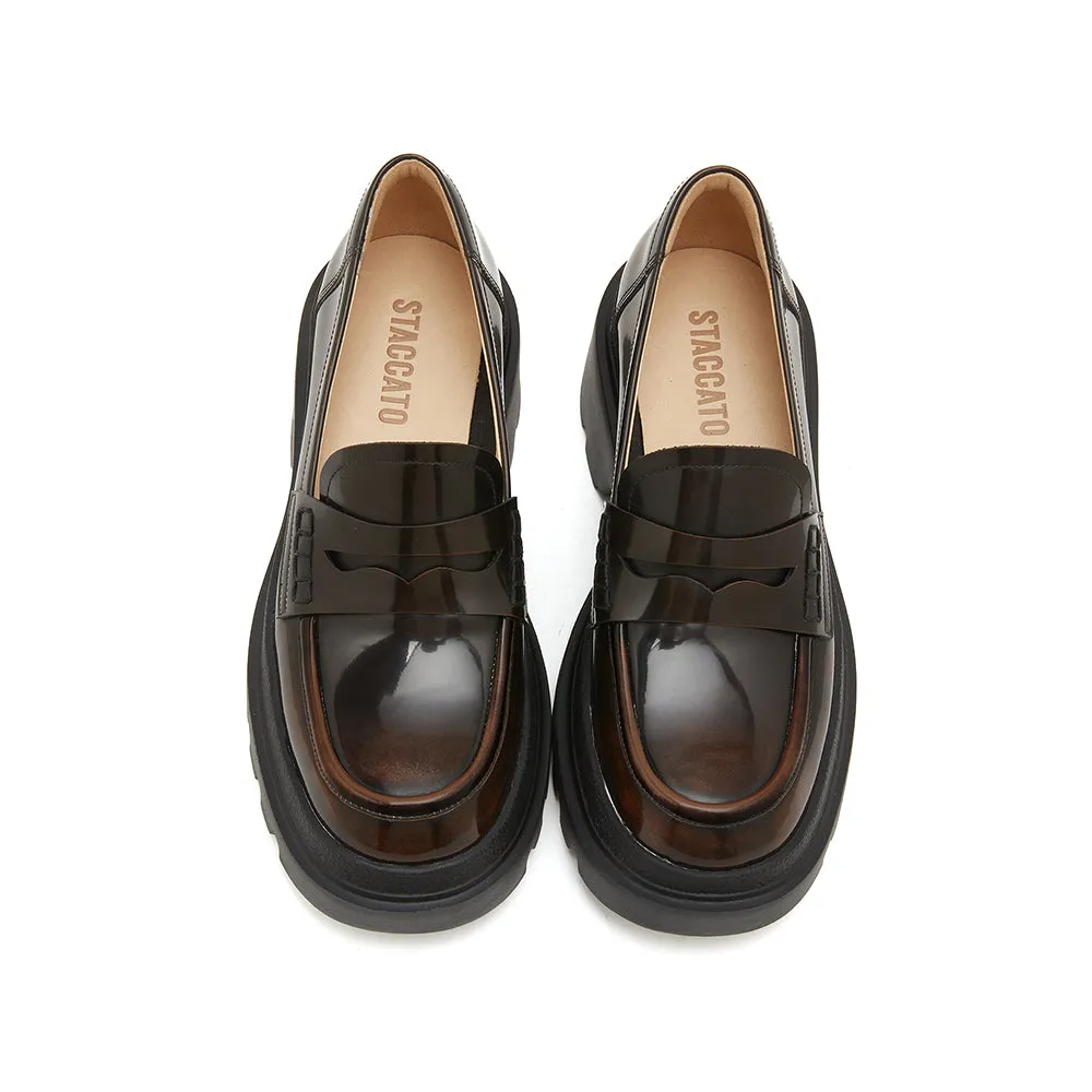 Brown Leather Platform Chunky Penny Loafers