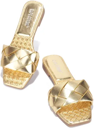 Cape Robbin Deja Woven Mules Slip On Flat Slides Sandals Gold (6, GOLD)