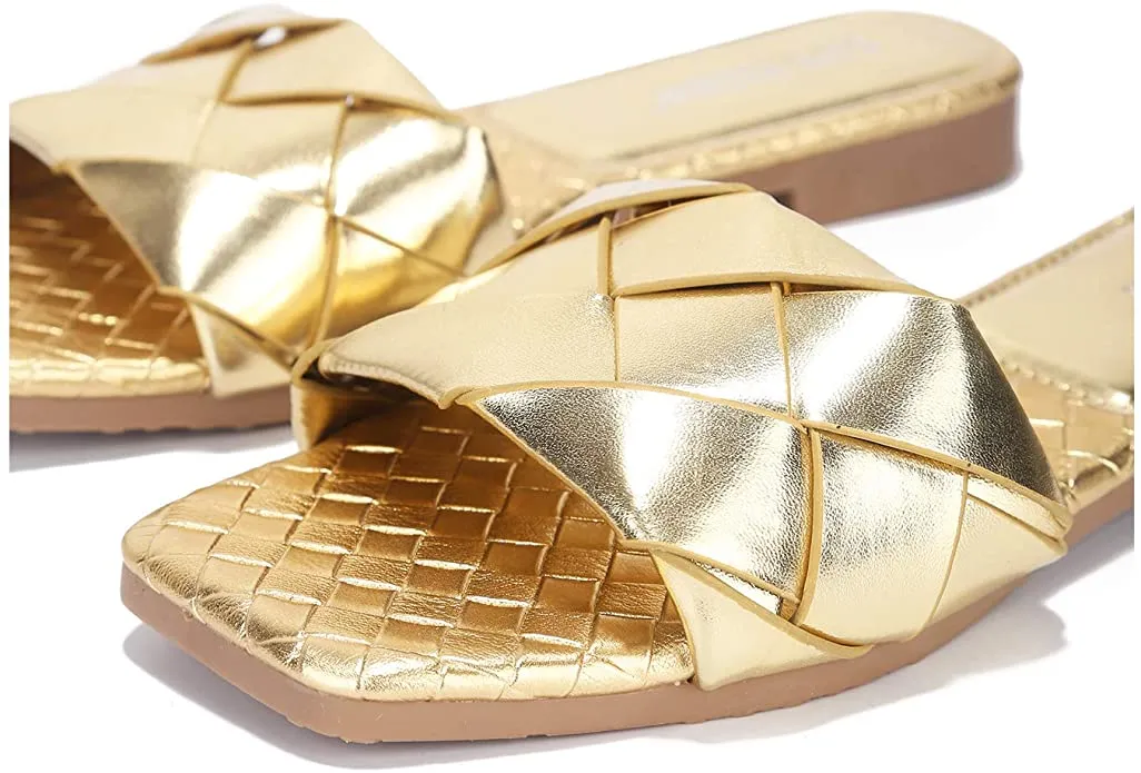 Cape Robbin Deja Woven Mules Slip On Flat Slides Sandals Gold (6, GOLD)