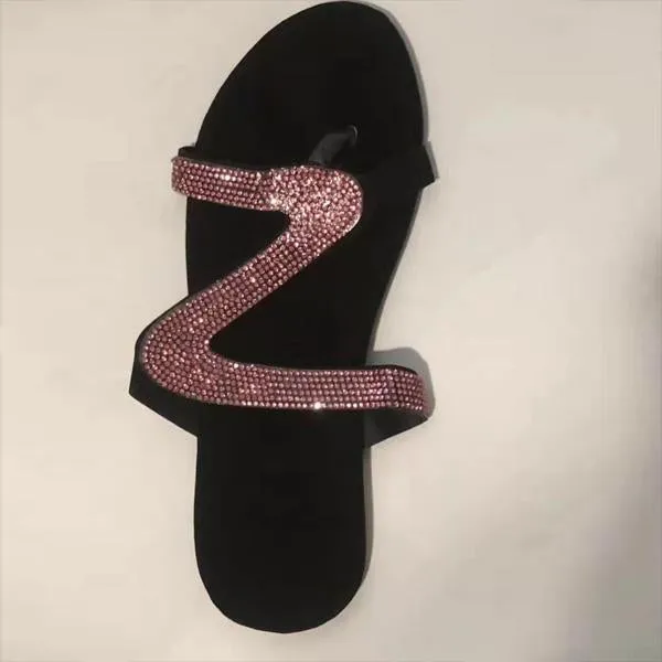 Chicvane Rhinestone Round-toe Slip-on Flip Flops Slides Sandals
