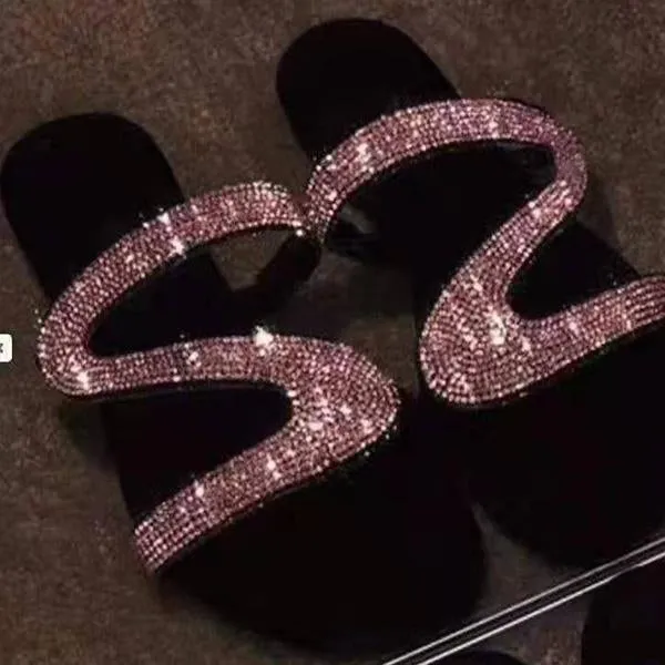 Chicvane Rhinestone Round-toe Slip-on Flip Flops Slides Sandals