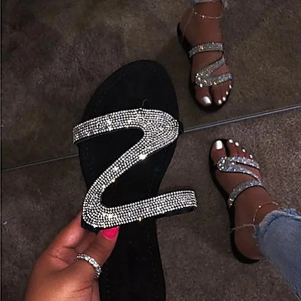 Chicvane Rhinestone Round-toe Slip-on Flip Flops Slides Sandals