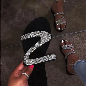 Chicvane Rhinestone Round-toe Slip-on Flip Flops Slides Sandals