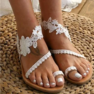 Chicvane Summer Lace Flower Open Toe Flat Sandals