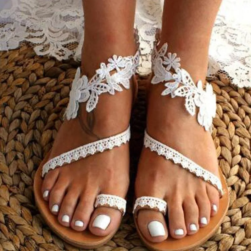 Chicvane Summer Lace Flower Open Toe Flat Sandals