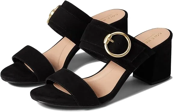 Cole Haan Alina Black Suede Rounded Open Toe Slip On Buckle Block Heeled Sandals