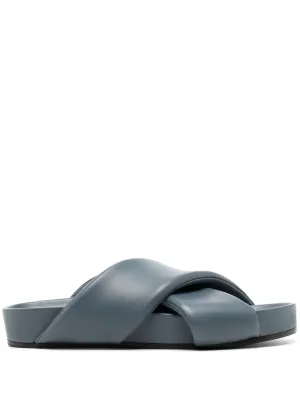 CROSSOVER-STRAP PADDED LEATHER SLIDES
