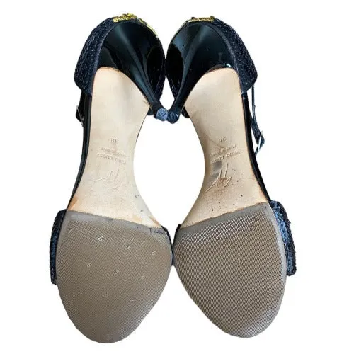 GIUSEPPE ZANOTTI Black & Gold Sequin Open Toe Ankle Strap Heeled Sandal, Size 38