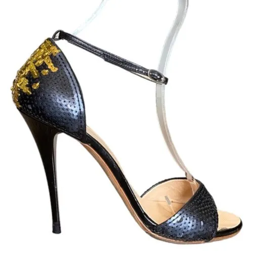 GIUSEPPE ZANOTTI Black & Gold Sequin Open Toe Ankle Strap Heeled Sandal, Size 38