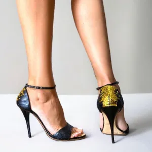 GIUSEPPE ZANOTTI Black & Gold Sequin Open Toe Ankle Strap Heeled Sandal, Size 38