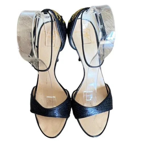GIUSEPPE ZANOTTI Black & Gold Sequin Open Toe Ankle Strap Heeled Sandal, Size 38