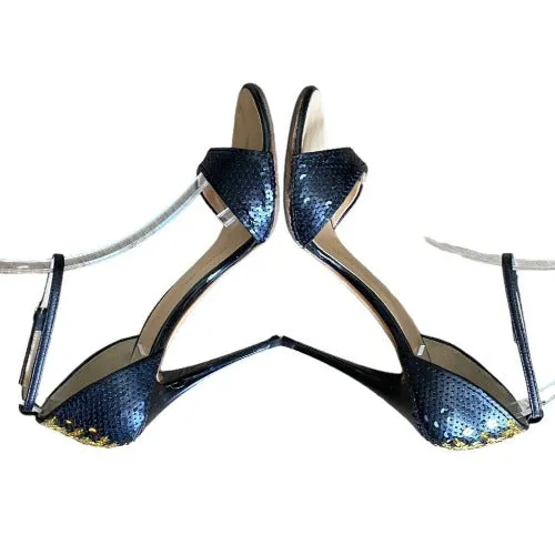 GIUSEPPE ZANOTTI Black & Gold Sequin Open Toe Ankle Strap Heeled Sandal, Size 38
