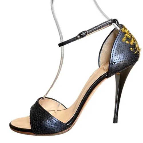 GIUSEPPE ZANOTTI Black & Gold Sequin Open Toe Ankle Strap Heeled Sandal, Size 38