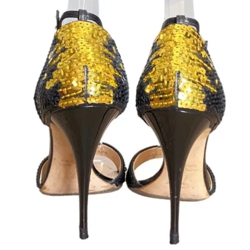 GIUSEPPE ZANOTTI Black & Gold Sequin Open Toe Ankle Strap Heeled Sandal, Size 38