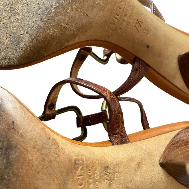GIUSEPPE ZANOTTI Brown Leather Strappy w Gold Ring Gold Heeled Sandals, Size 37.5