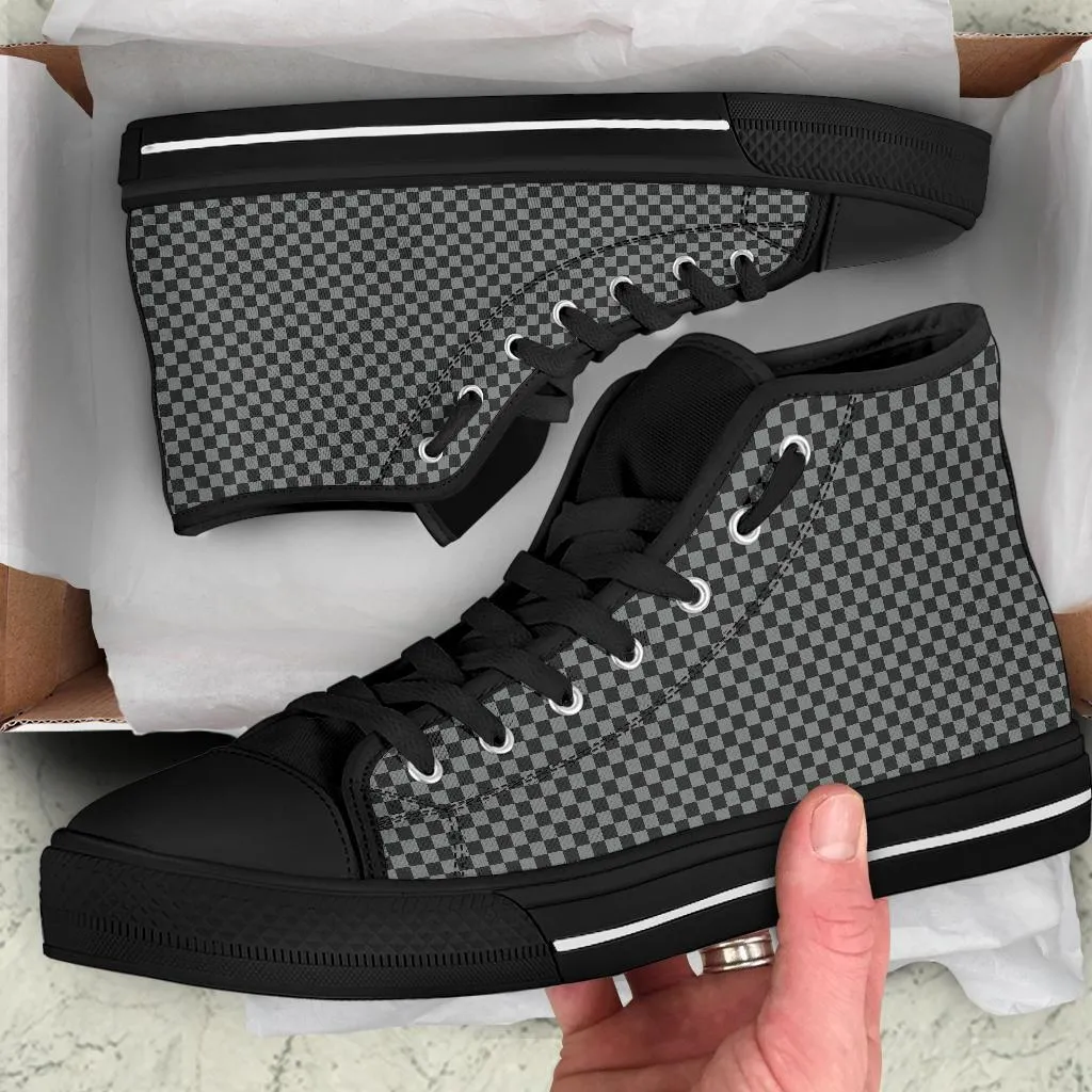 High Top Sneakers - Checkers in Black and Grey | Custom High Top Shoes, Patterned High Top Sneakers, High Top Sneakers for Women, Unisex Shoes
