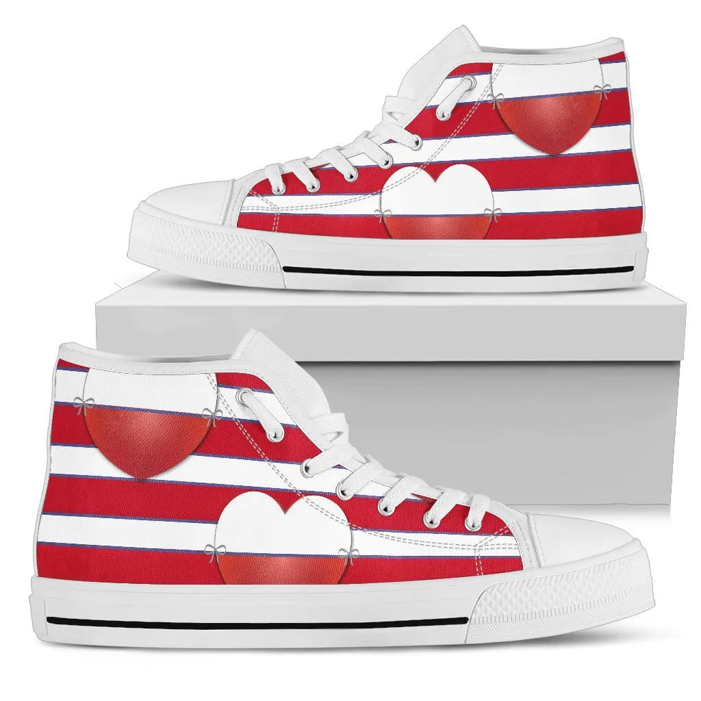 High Top Sneakers - Red & White Stripes | Custom High Top Shoes, Patterned High Top Sneakers, High Top Sneakers for Women, Unisex Shoes