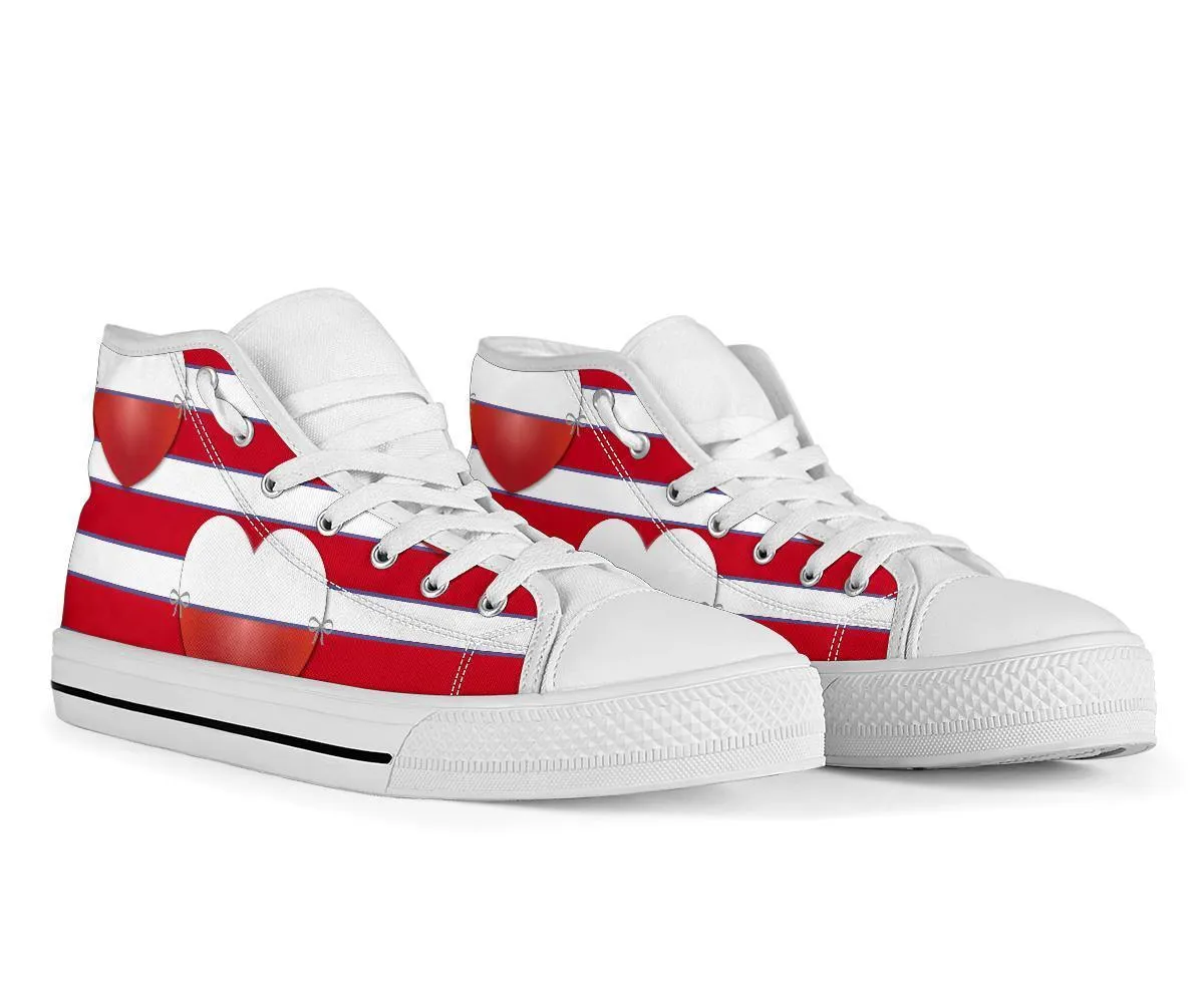 High Top Sneakers - Red & White Stripes | Custom High Top Shoes, Patterned High Top Sneakers, High Top Sneakers for Women, Unisex Shoes