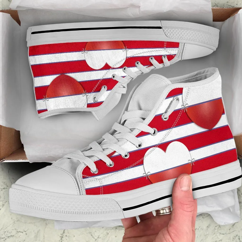 High Top Sneakers - Red & White Stripes | Custom High Top Shoes, Patterned High Top Sneakers, High Top Sneakers for Women, Unisex Shoes