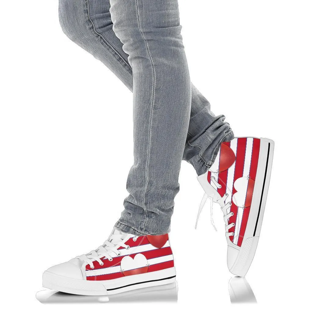 High Top Sneakers - Red & White Stripes | Custom High Top Shoes, Patterned High Top Sneakers, High Top Sneakers for Women, Unisex Shoes