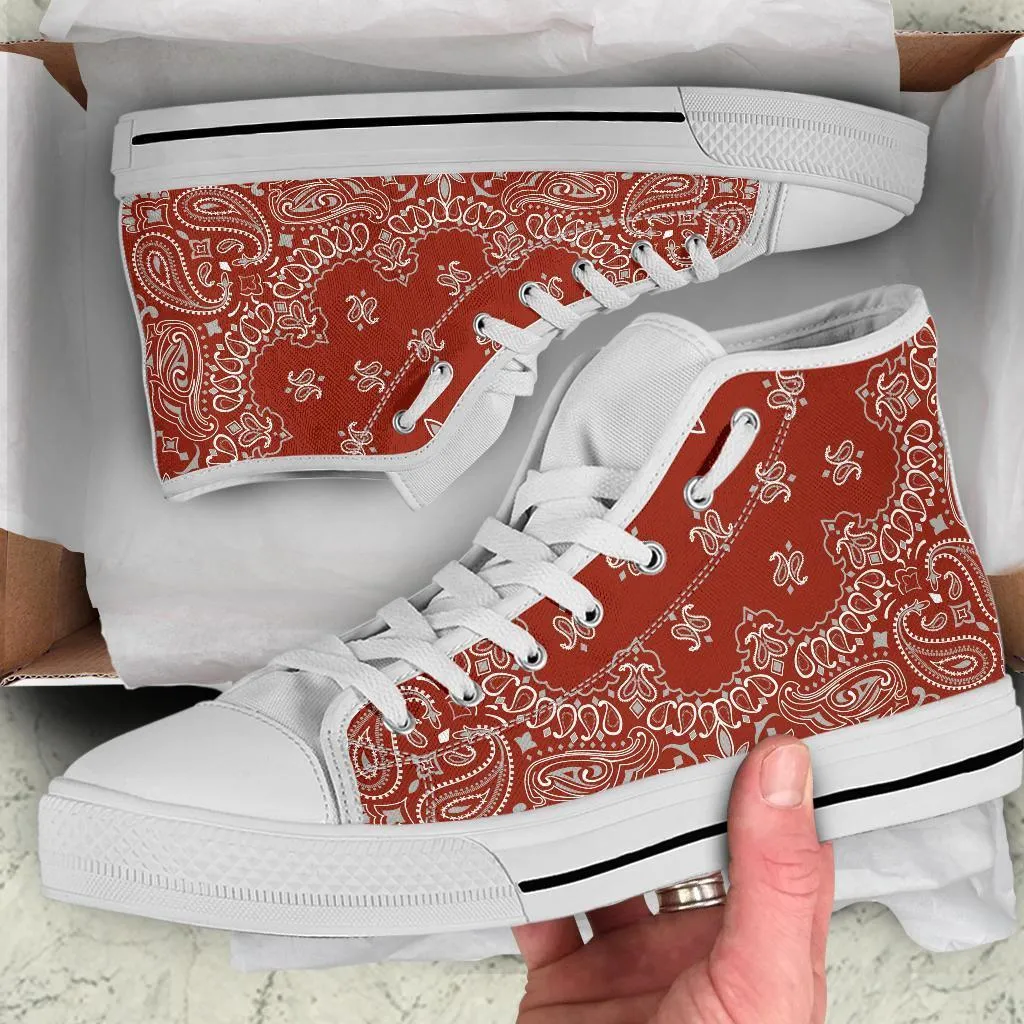 High Top Sneakers - Red Paisley Print | Custom High Top Shoes, Patterned High Top Sneakers, High Top Sneakers for Women, Unisex Shoes