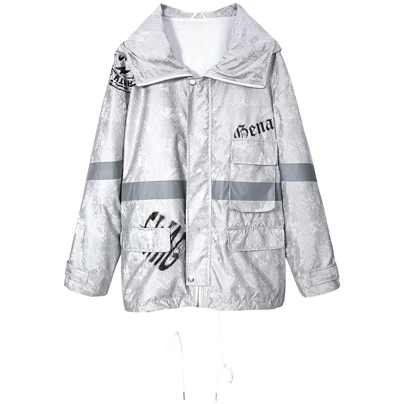 Hip Hop Red Print Reflective Stripes Hooded Jacket
