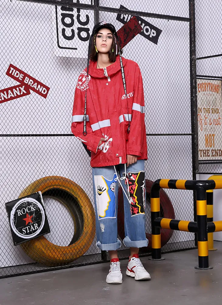 Hip Hop Red Print Reflective Stripes Hooded Jacket