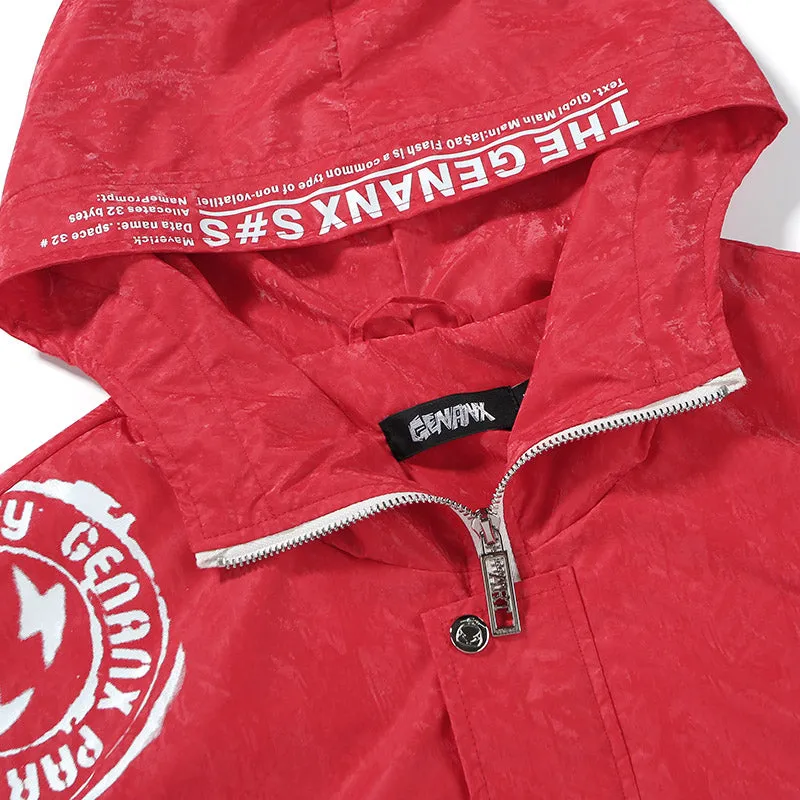 Hip Hop Red Print Reflective Stripes Hooded Jacket