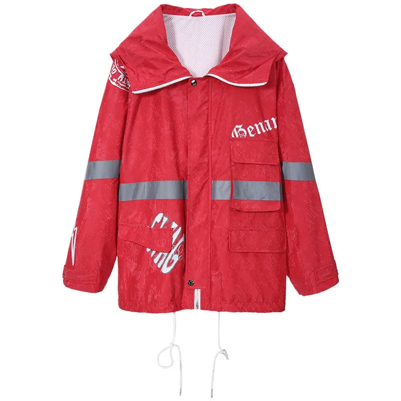 Hip Hop Red Print Reflective Stripes Hooded Jacket