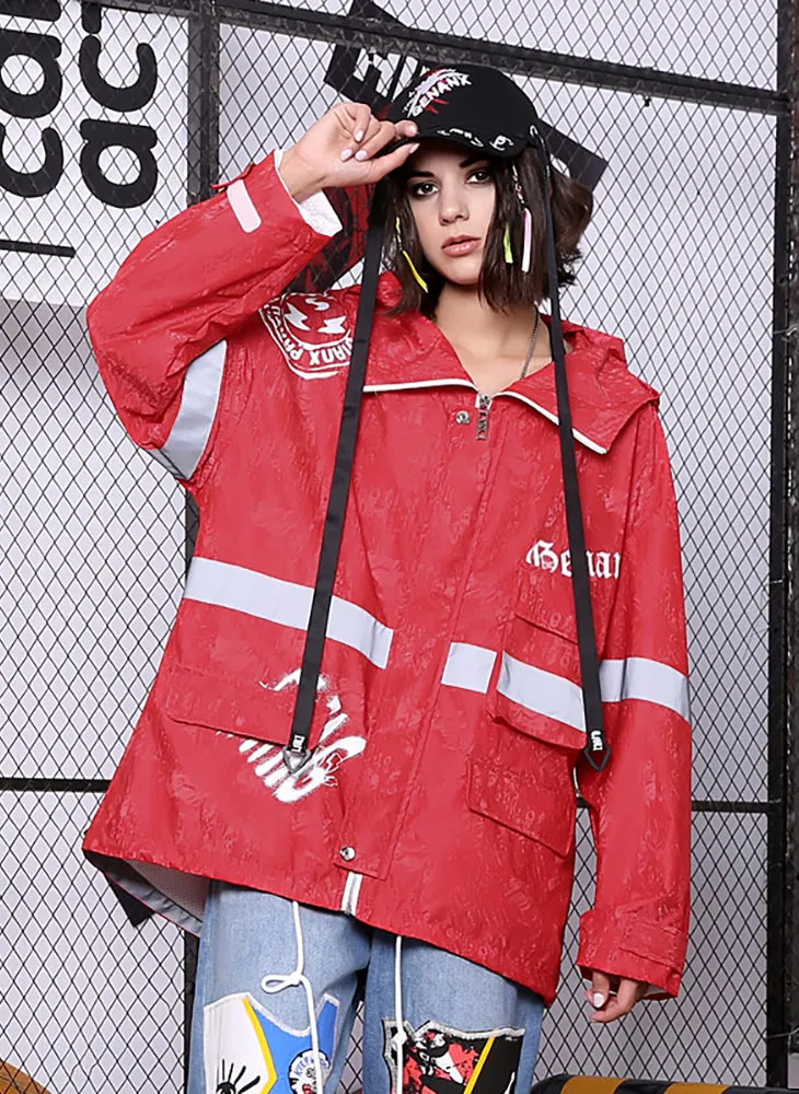 Hip Hop Red Print Reflective Stripes Hooded Jacket