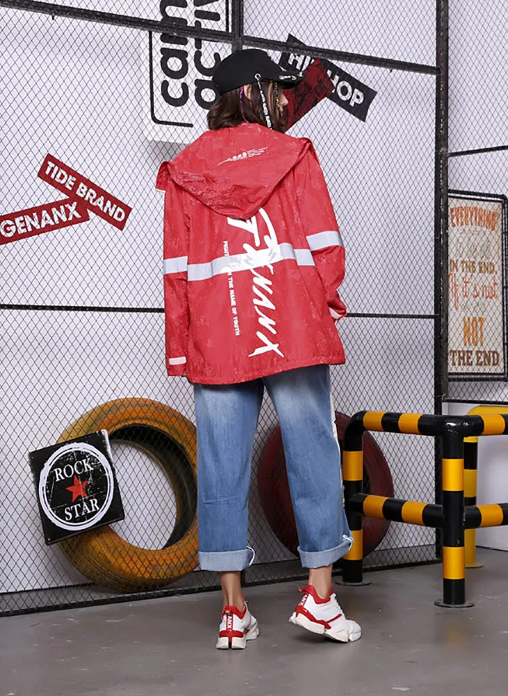 Hip Hop Red Print Reflective Stripes Hooded Jacket