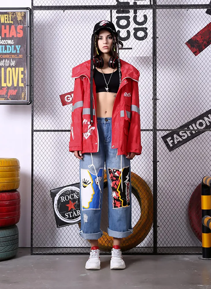 Hip Hop Red Print Reflective Stripes Hooded Jacket