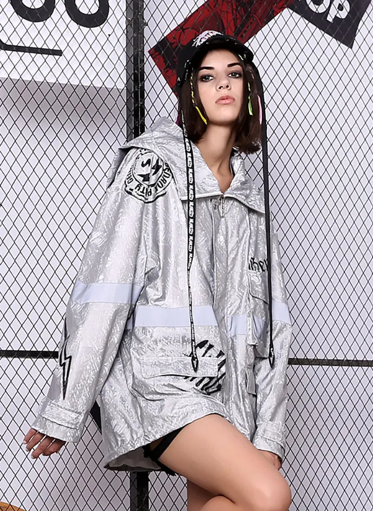 Hip Hop Red Print Reflective Stripes Hooded Jacket